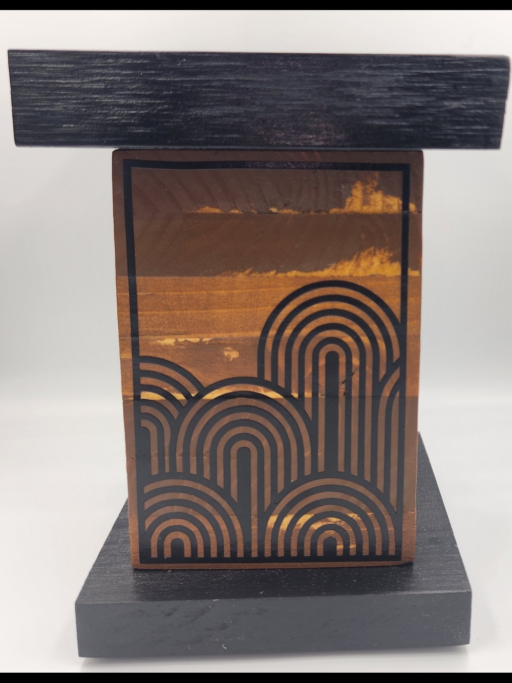 Wood Decorative Candleholder with Black Geometric Arcs